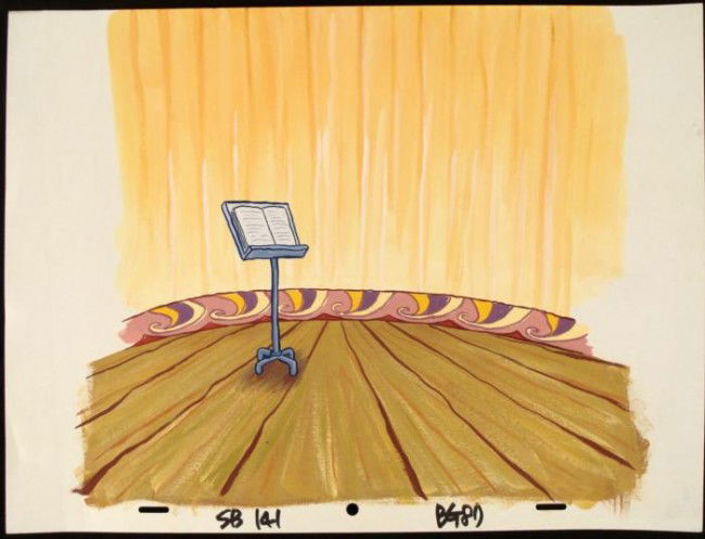 SpongeBob Art Background Music Stand Original Animation: This original hand-painted background from the Nickelodeon TV show SpongeBob Squarepants. The story takes place under the deep blue sea in Bikini Bottom, where SpongeBob resi