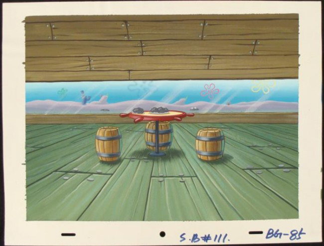 Background Production Original Spongebob Table Art: This original hand-painted background from the Nickelodeon TV show SpongeBob Squarepants. The story takes place under the deep blue sea in Bikini Bottom, where SpongeBob resi
