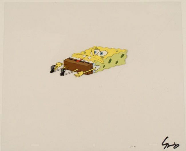 Flat Original SpongeBob Production Art Cel On Ground: This original animation cel is from the Nickelodeon TV show SpongeBob Squarepants. The story takes place under the deep blue sea in Bikini Bottom, where SpongeBob resides. Sp