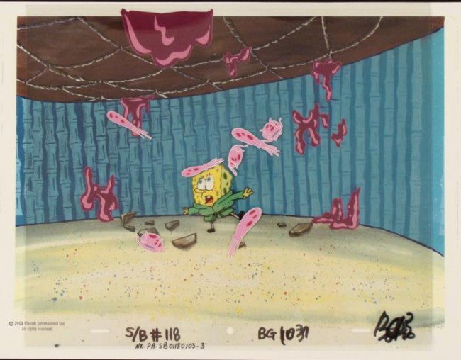 Original SpongeBob Production Background Cel Robe Jelly: This animation cel and reproduction background are from the Nickelodeon TV show SpongeBob Squarepants. The story takes place under the deep blue sea in Bikini Bottom, where Sponge
