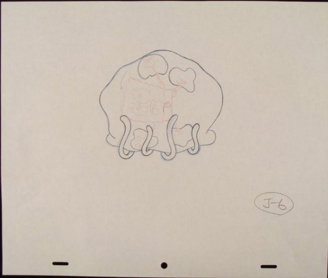 Drawing Spongebob Original Stuck Production Art: This original animation art pencil drawing was done for SpongeBob Squarepants. The notations are on Spongebob and at the bottom. In this drawing, SpongeBob appears to be stuck inside 
