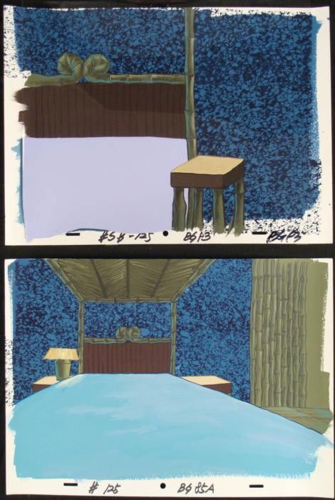 2 SpongeBob Orig Squid Bed Animation Backgrounds + Cel: These are 2 original hand-painted backgrounds from the Nickelodeon television show SpongeBob Squarepants. The story takes place under the deep blue sea in Bikini Bottom, wher