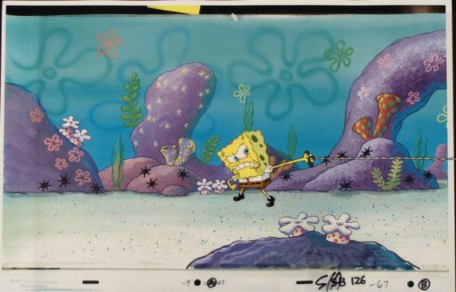 Spongebob Original Cel Animation Just Move Background: This animation cel and reproduction background are from the Nickelodeon TV show SpongeBob Squarepants. The story takes place under the deep blue sea in Bikini Bottom, where Sponge