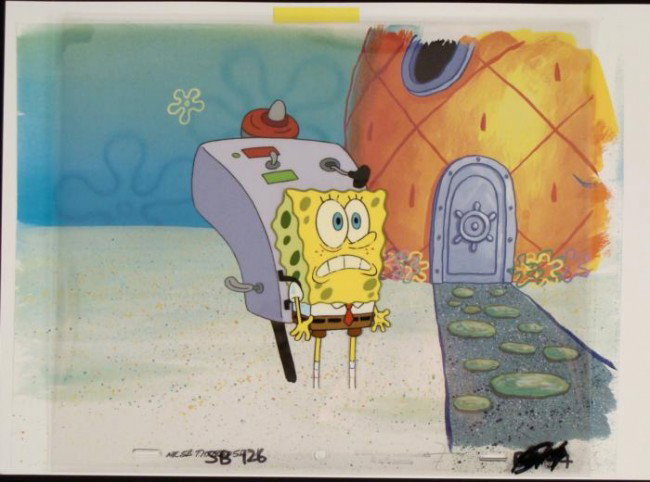 Background Spongebob Uh-Oh Original Cel Production Art: This animation cel and reproduction background are from the Nickelodeon TV show SpongeBob Squarepants. The story takes place under the deep blue sea in Bikini Bottom, where Sponge