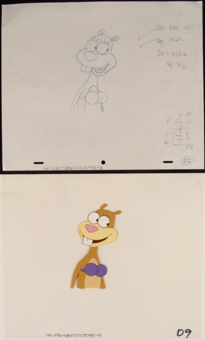 Cel Spongebob Original Happy Sandy Drawing Production: This original animation cel and drawing are from the Nickelodeon TV show SpongeBob Squarepants. The story takes place under the deep blue sea in Bikini Bottom, where SpongeBo
