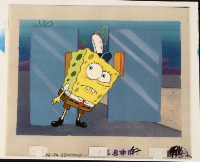 Stunned Spongebob Original Cel Production Background: This animation cel and reproduction background are from the Nickelodeon TV show SpongeBob Squarepants. The story takes place under the deep blue sea in Bikini Bottom, where Sponge