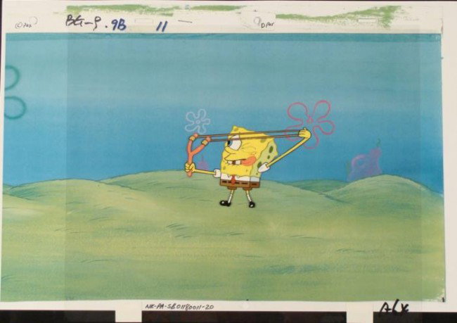 Slingshot Production Background SpongeBob Cel Original: This animation cel and reproduction background are from the Nickelodeon TV show SpongeBob Squarepants. The story takes place under the deep blue sea in Bikini Bottom, where Sponge