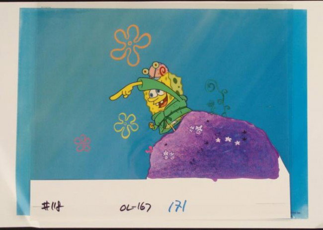 Background Repro Spongebob Original Cel Production: Offered here is an reproduction background and an original animation cel from the Nickelodeon TV show SpongeBob Squarepants. The story takes place under the deep blue sea in 