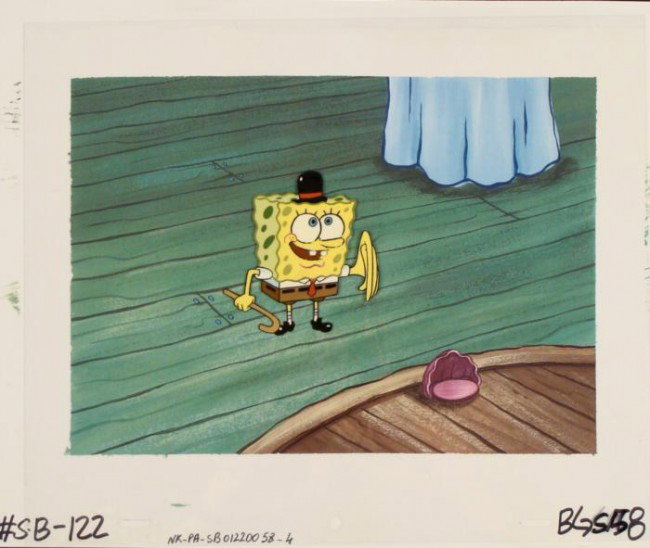 Original Spongebob Cel Background Entertainer Animation: This animation cel and reproduction background are from the Nickelodeon TV show SpongeBob Squarepants. The story takes place under the deep blue sea in Bikini Bottom, where Sponge
