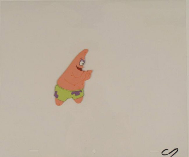Friendly Push Animation Art Original Cel Spongebob: This original animation cel is from the Nickelodeon TV show SpongeBob Squarepants. The story takes place under the deep blue sea in Bikini Bottom, where SpongeBob resides. Sp