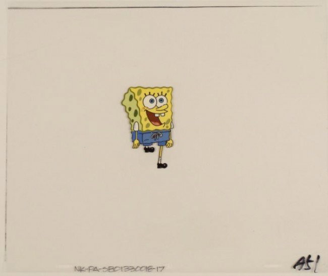 Holding Up A Leg Production Original SpongeBob Cel Art: This original animation cel is from the Nickelodeon TV show SpongeBob Squarepants. The story takes place under the deep blue sea in Bikini Bottom, where SpongeBob resides. Sp
