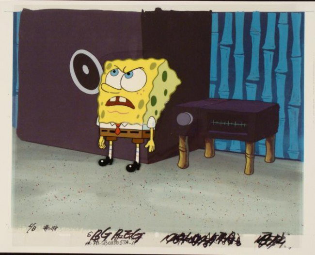 Production Cel Original SpongeBob Art Background Teeth: This animation cel and reproduction background are from the Nickelodeon TV show SpongeBob Squarepants. The story takes place under the deep blue sea in Bikini Bottom, where Sponge