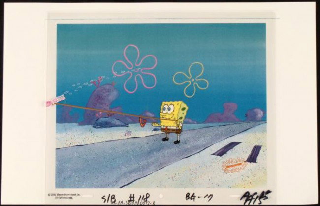 Original Fish Escape SpongeBob Background Cel Animation: This animation cel and reproduction background are from the Nickelodeon TV show SpongeBob Squarepants. The story takes place under the deep blue sea in Bikini Bottom, where Sponge
