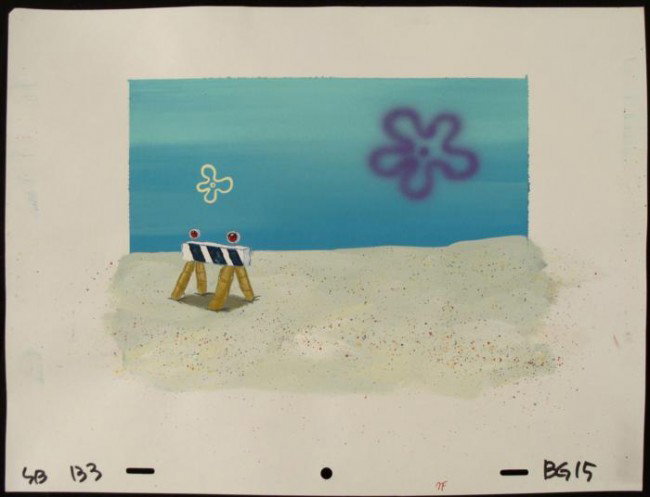 Production Original Background Art SpongeBob Road Block: This original hand-painted background from the Nickelodeon TV show SpongeBob Squarepants. The story takes place under the deep blue sea in Bikini Bottom, where SpongeBob resi