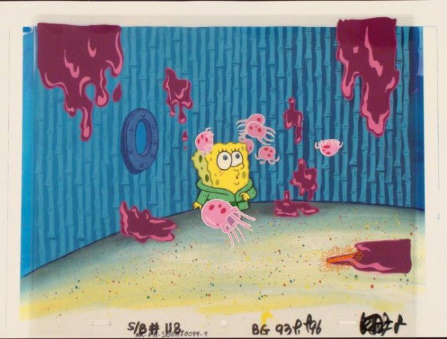 Spongebob Animation Captivated Background Cel Original: This original animation cel and reproduction background are from the Nickelodeon TV show SpongeBob Squarepants. The story takes place under the deep blue sea in Bikini&n