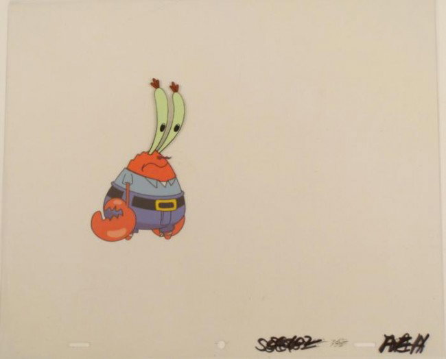 Production Cel Art Mr Krabs Staring SpongeBob Original: This original animation cel is from the Nickelodeon TV show SpongeBob Squarepants. The story takes place under the deep blue sea in Bikini Bottom, where SpongeBob resides. Sp
