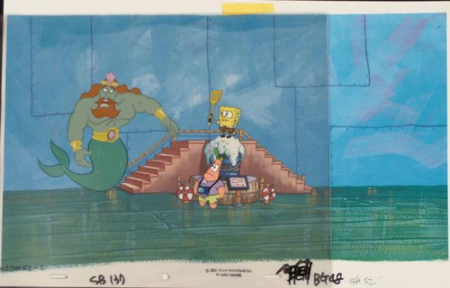 Confused Cel Original Spongebob Production Background: This animation cel and reproduction background are from the Nickelodeon TV show SpongeBob Squarepants. The story takes place under the deep blue sea in Bikini Bottom, where Sponge