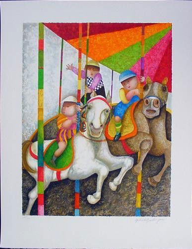 TOURNE MANEGE Signed LE Art Print Boulanger Carousel: This wonderful signed and numbered limited edition lithograph is by the well-known and very avidly collected artist Garciela Rodo Boulanger: Title: "Tourne Manege" ("Carousel") Color lithograph on A