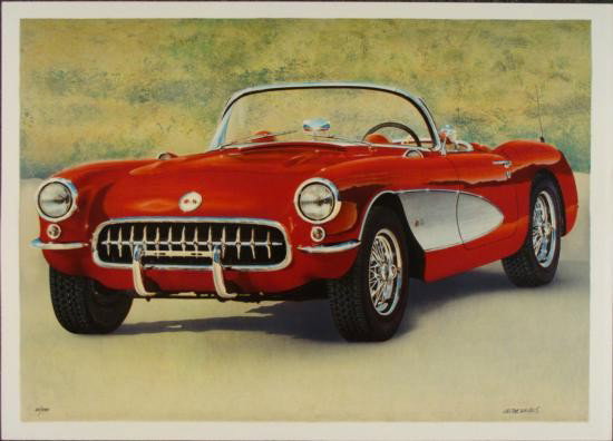 Valter de Morais Signed Corvette Art Print Red Fifties: This is a limited edition signed Corvette art print by Valter de Morais. The artist uses a fantastic realism, with just a touch of fantasy. The chrome and shiny red paint will really turn heads. Artis