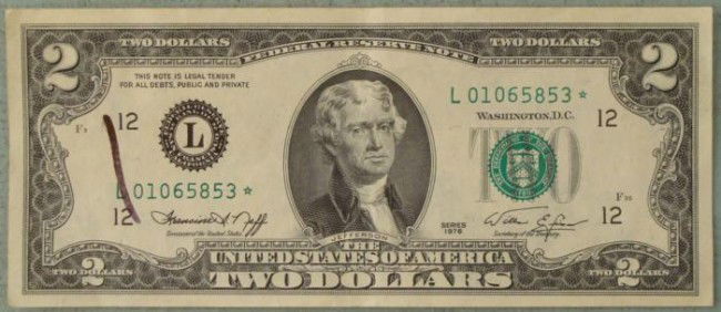 1976 $2 Dollar Star Note Bill L Mint San Francisco: 1976 $2 Star Note Mint mark: L (San Francisco)