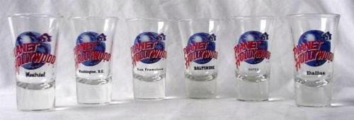 6 Dif Planet Hollywood Shot Glass Montreal Dallas Aspen: This is a lot of 6 RARE shot glasses from Planet Hollywood. All are from closed locations! They are in mint, never used condition. Each 3 1/2" tall flared glass features the blue globe and red lettere