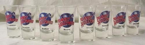 8 Diff Planet Hollywood Cafe Shot Glass Cabo Boston: This is a lot of 8 RARE shot glasses from Planet Hollywood. All are from closed locations! They are in mint, never used condition. Each 3 1/2" tall flared glass features the blue globe and red lettere