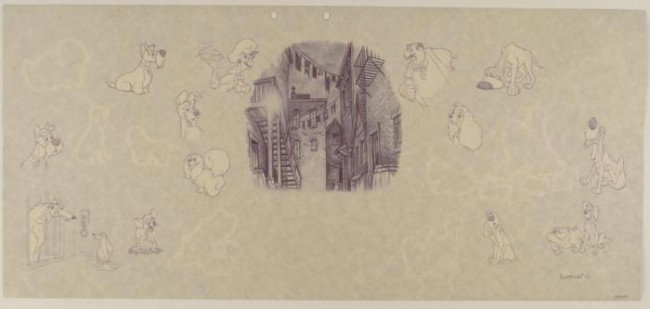 Disney Background Animation Art Lady and the Tramp: Background Lumicel Lady and the Tramp Art Animation This is a serigraph cel proof originally designed for a Lumicel Size: 11 1/2" x 24 3/4 Condition: Excellent The background features character sketch