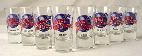 8 Planet Hollywood Original Shot Glass Tel Aviv + More: This is a lot of 8 RARE shot glasses from Planet Hollywood. All are from closed locations! They are in mint, never used condition. Each 3 1/2" tall flared glass features the blue globe and red lettere