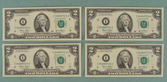 4) 2003 Consec # $2 Bills Two Dollar Notes I Mint MN CU: Group of 4 2003 $2 Notes with consecutive serial numbers Mint mark: I (Minneapolis)Condition: Crisp Uncirculated* Serial number may be different from those pictured