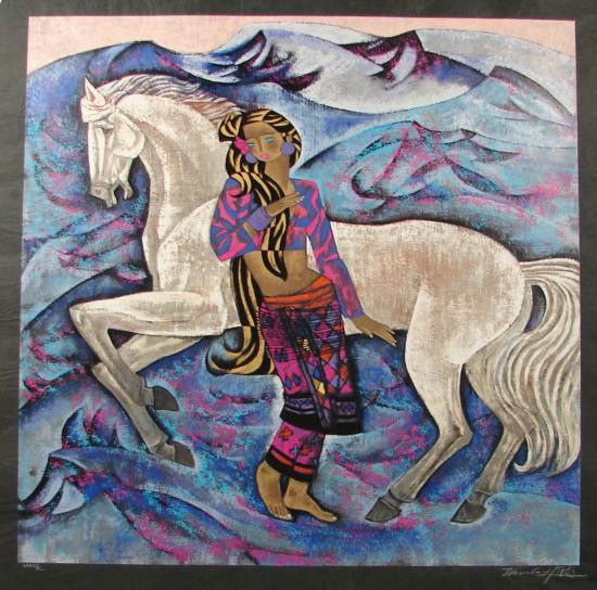 Zhou Ling WHITE HORSE Yunnan School Print Rice Paper: This marvelous print is by Zhou Ling, a well-known and very popular artist of the Yunnan School: Title: "White Horse" Limited edition serigraph on rice paper Signed and numbered in Roman numerals fro