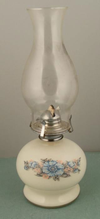Porcelain Oil Lamp Floral Pattern Lantern w/ Glass Shad: This oil lamp is porcelain with transfer pattern in blue, pink and green floral. It measures 5 1/2" in diameter, and 14 1/2" tall with the glass shade. It is in excellent condition, with no chips, and