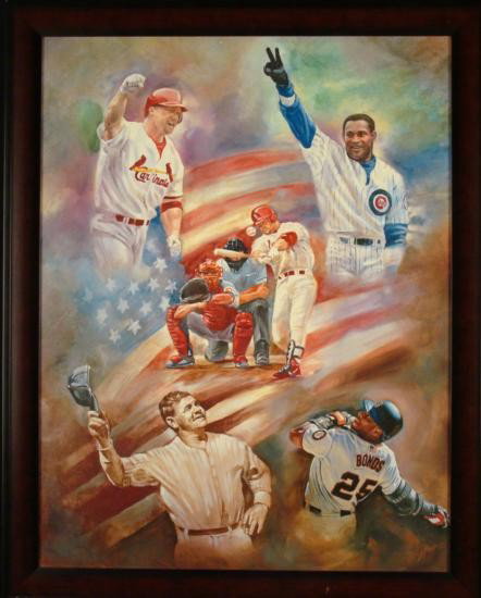 Mark McGwire Sammy Sosa Barry Bonds Babe Ruth Print Frm: Four of baseball's greatest hitters are portrayed in this collage image that goes from present day to back in time. Mark McGwire, Sammy Sosa, and Barry Bonds are each shown, giving their signature ges