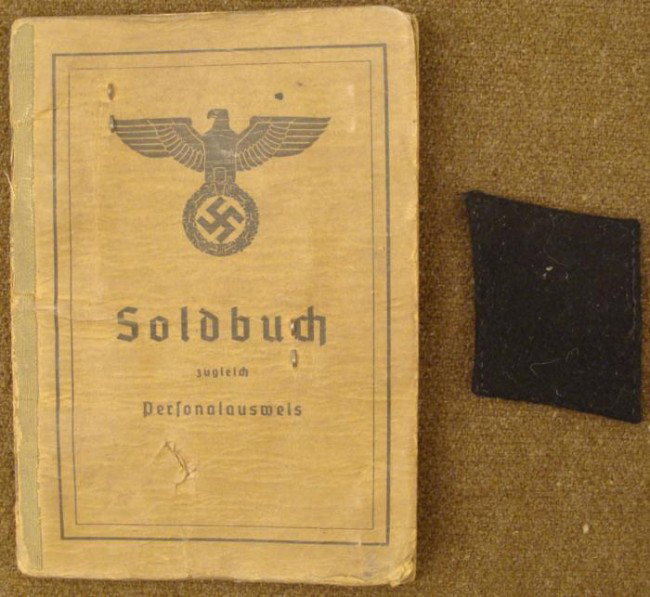 100% ORIGINAL SS SOLDBUCH FOR SS PIONEER-MANY ENTRIES: OUTSTANDING 100% ORIGINAL SS SOLDBUCH FOR SS PIONEER-MANY SS ENTRIES +SS MANN BLACK COLLAR TAB THIS IS THE REAL DEAL--100 % ORIGINAL NAZI SOLDBUCH FOR AN SS MEMBER-HAS LARGE 2X3" PHOTO OF SS MAN IN UN
