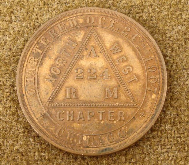 MASONIC ONE PENNY COIN-NW CHICAGO CHAPTER- 1900S: MASONIC "ONE PENNY" COIN-NW CHICAGO CHAPTER- 13/8" DIAM.-EARLY 1900'S