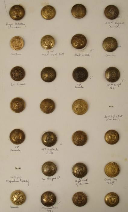 26 Canadian and British Antique Button Collection: Offered here is an antique collection of 26 total Canadian, British, Most of the buttons have been identified by their name. They include: Royal Artillery Canada, 253rd