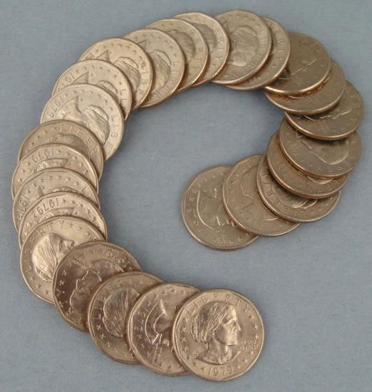 1979 D Roll Susan B. Anthony (25) Dollar Coins: 1979-D Roll (unwrapped) of Susan B. Anthony Dollars, 20 coins total