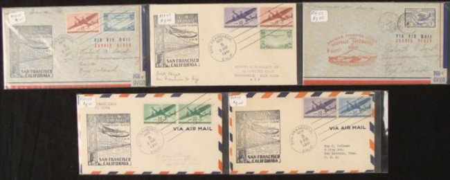 5 First Flight Covers Fiji Islands Air Mail 1941: These 5 original covers are all Fiji First Flight Air Mail, dating from 1941. These include flights from San Francisco, , and one from New Caledonia. All have nice sea plane cachets, and post marks. A