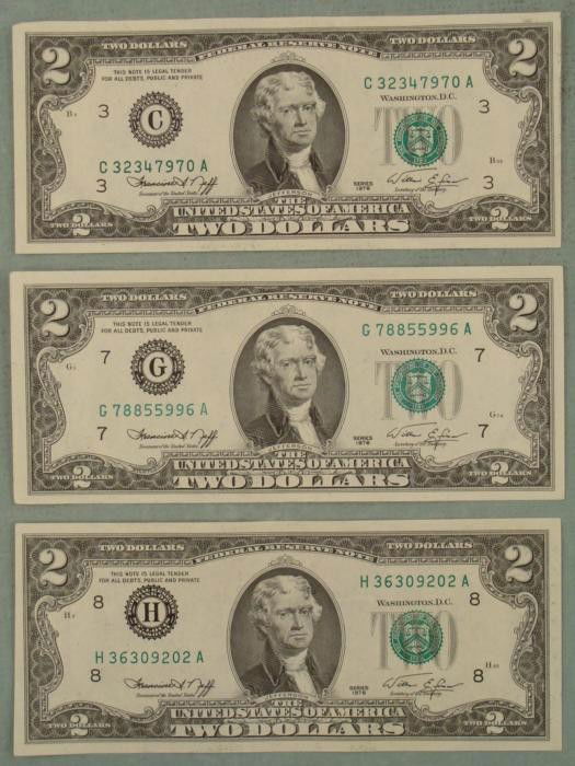 3 Diff Mint Marks 1976 UNC $2 Dollar Bills Notes C, G,: (3) 1976 $2 Bills, all with different mint marksMint marks: C, G, H