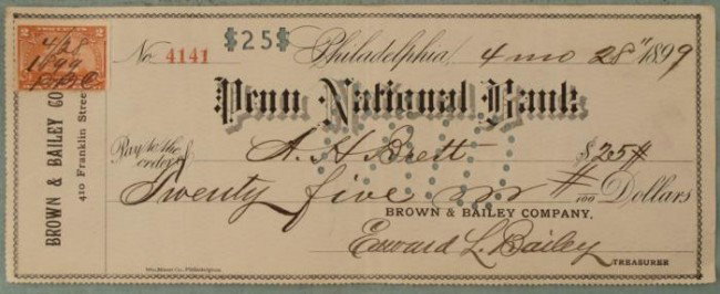 1899 Penn National Bank note w/ 2 Cent Stamp: 1899 Penn National Bank note Details: Has a two cent stamp with writing Hand signed, numbered and dated Reverse has Received stamp from Brooklyn, N.Y. Punch marks for PAID, and $25