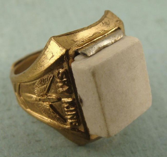 Sky King Glowing Radar Signal Ring Vintage Premium 1946: This is the SKY KING Radar Signal Ring. It is the first premium from the popular radio program, and it was available through Peter Pan peanut butter in 1946. The white stone glows blue in the dark, an