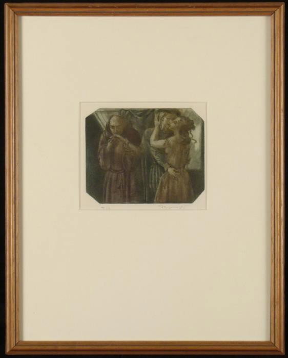 Romantic Kiss Classical Drawing Art Print Framed: This print is of a romantic scene of a couple kissing, and an older man kissing the hand of some mysterious figure unseen. Medium: Print on paper Artist: Signed in pencil, lower right Image size: 4 x 