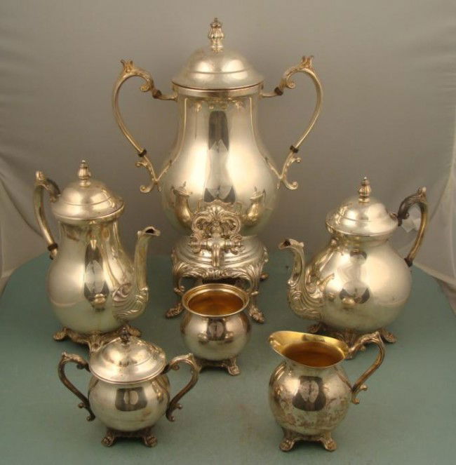 Rogers Silver Plate 1883 Coffee Tea Service w/ Samovar: This is a 6 piece tea or coffee service set from William Rogers. It is all silver on copper, and the undersides are marked with content, maker name and hallmark, and number 2352. All pieces are in ver