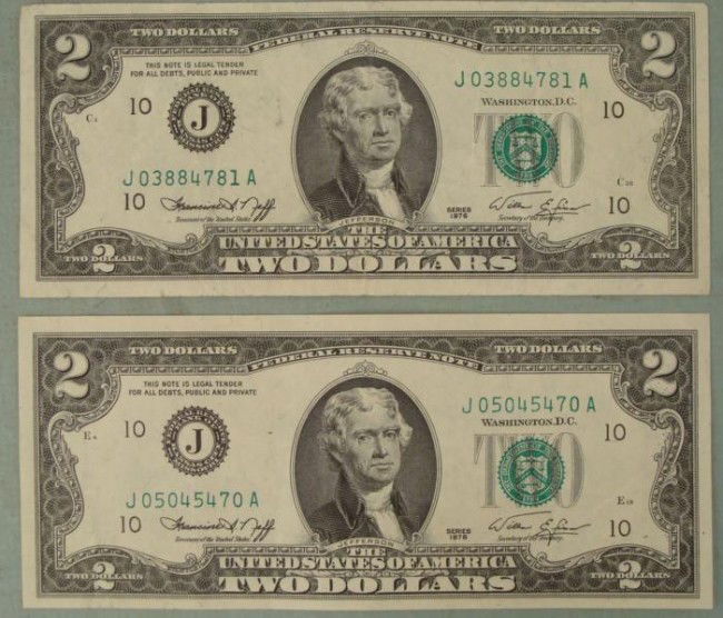 2 1976 Two Dollar Notes J Mint Kansas City -Nice Bills: 2 1976 Two Dollar Notes Mint mark: J (Kansas City) Condition: Nice bills