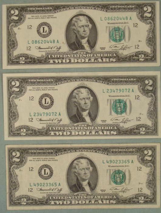 3 1976 Two Dollar Bills L Mint San Francisco Notes: 3 1976 Two Dollar Bills Mint mark: L (San Francisco)