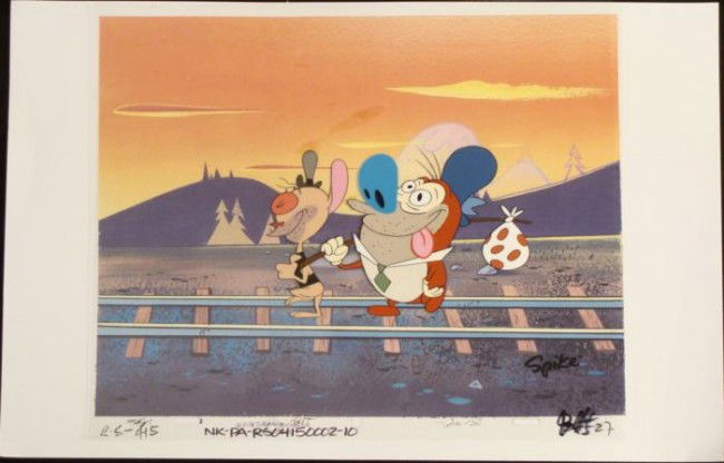 Ren And Stimpy Hobos Original Animation Cel Background: This animation cel & printed background are from the Nickelodeon TV show Ren & Stimpy. The show follows two characters - Ren, a crazy Chihuahua - and - Stimpy, an incredibly stupid cat -