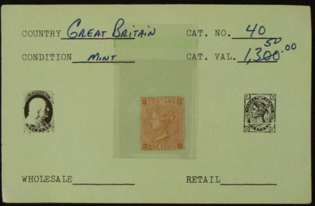 Great Britain Nine Pence 9 P Antique Stamp MINT: This is an antique Nine Pence stamp from Great Britain. It is in Mint condition, and comes in a plastic sleeve on a card.