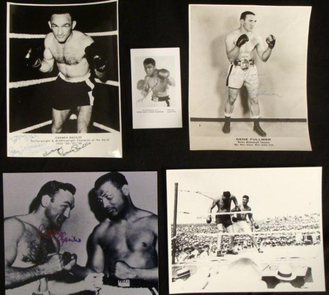 4 Signed Photos Ali Carmen Basilio Gene Fullmer: Offered are four signed photographs by boxing legends. Two are signed by Carmen Basilio, one by Muhammad Ali and one by Gene Fullmer. There is a bonus photo of an outdoor boxing match from