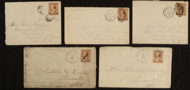 5 Washington 2c Stamps Covers Lot IL, PA 1886: This is a lot of 5 early George Washington 2 Cent stamps, all on envelopes postmark dated from 1886. They are from West Hadock, Illinois, and Philadelphia, Pennsylvania. There are a variety of postmar