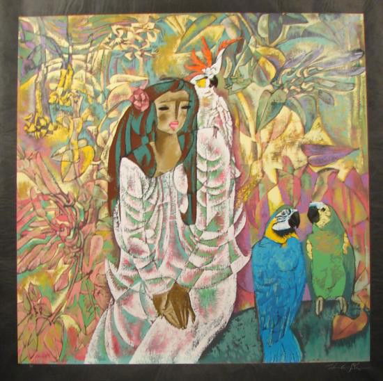 Zhou Ling QUIET MOMENT Yunnan School Print Rice Paper: This serenely beautiful print is by the well-known and avidly collected Yunnan School artist Zhou Ling: Title: "Quiet Moment" Limited edition serigraph on black rice paper Signed and numbered in Roma