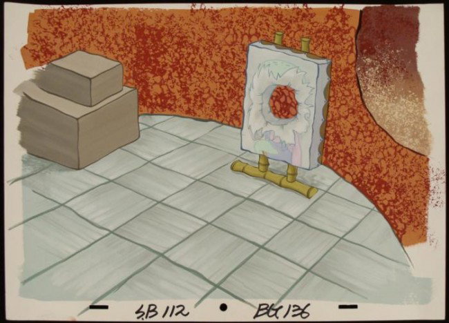 Art Production Cel SpongeBob Original Background Hole: This original hand-painted background from the Nickelodeon TV show SpongeBob Squarepants. The story takes place under the deep blue sea in Bikini Bottom, where SpongeBob resi